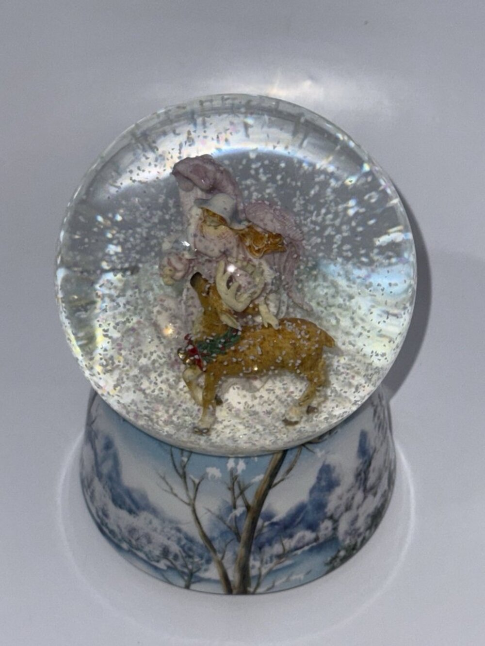 Elegant Angel With Cute Reindeer Christmas Snow Globe Plays Jingle Bells 6" Tall